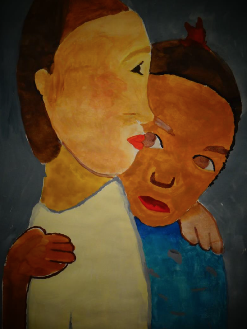 Malerei mit zwei sich im Arm haltenden Personen.